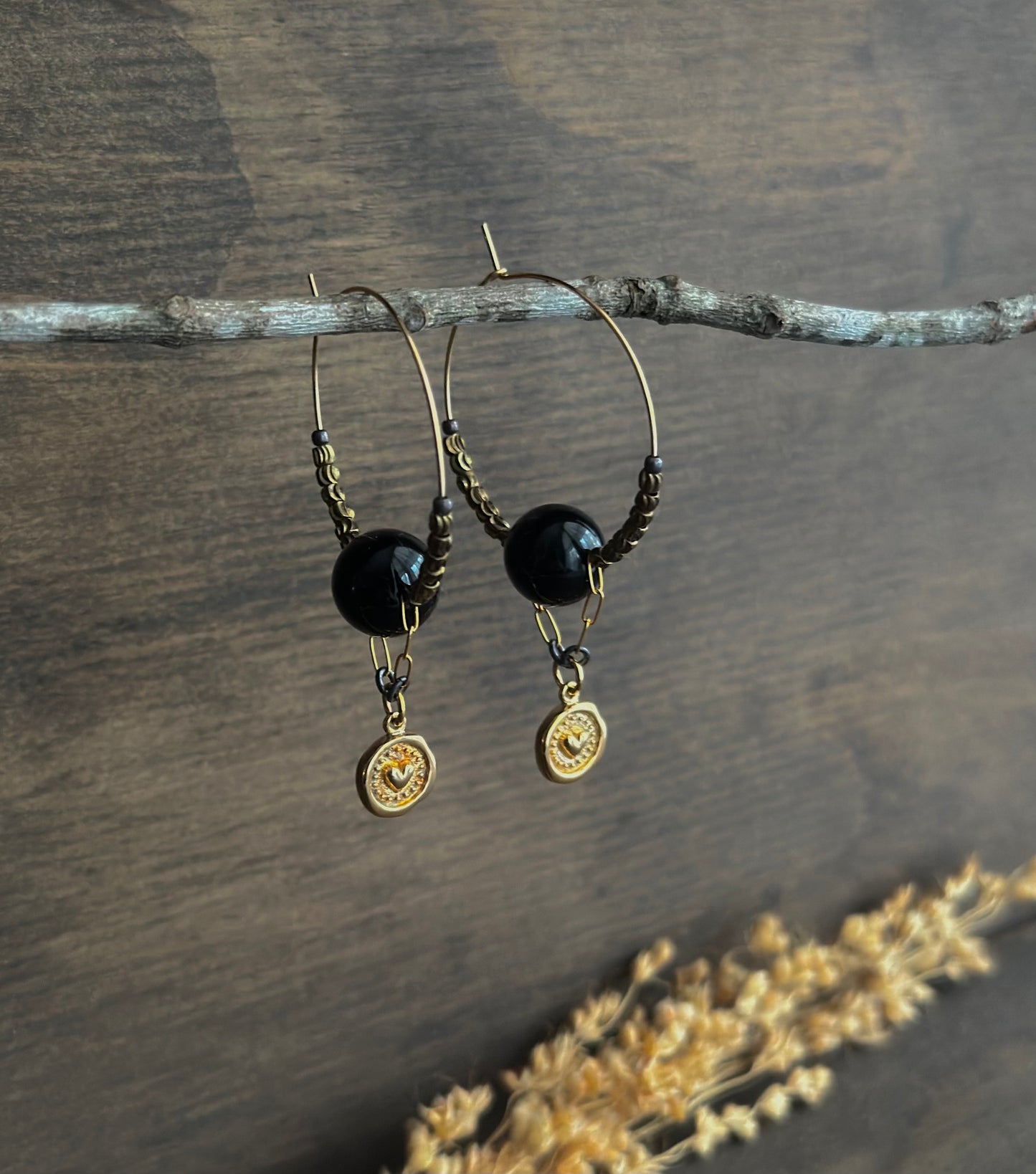 Onyx Heart Coin Hoop Earrings