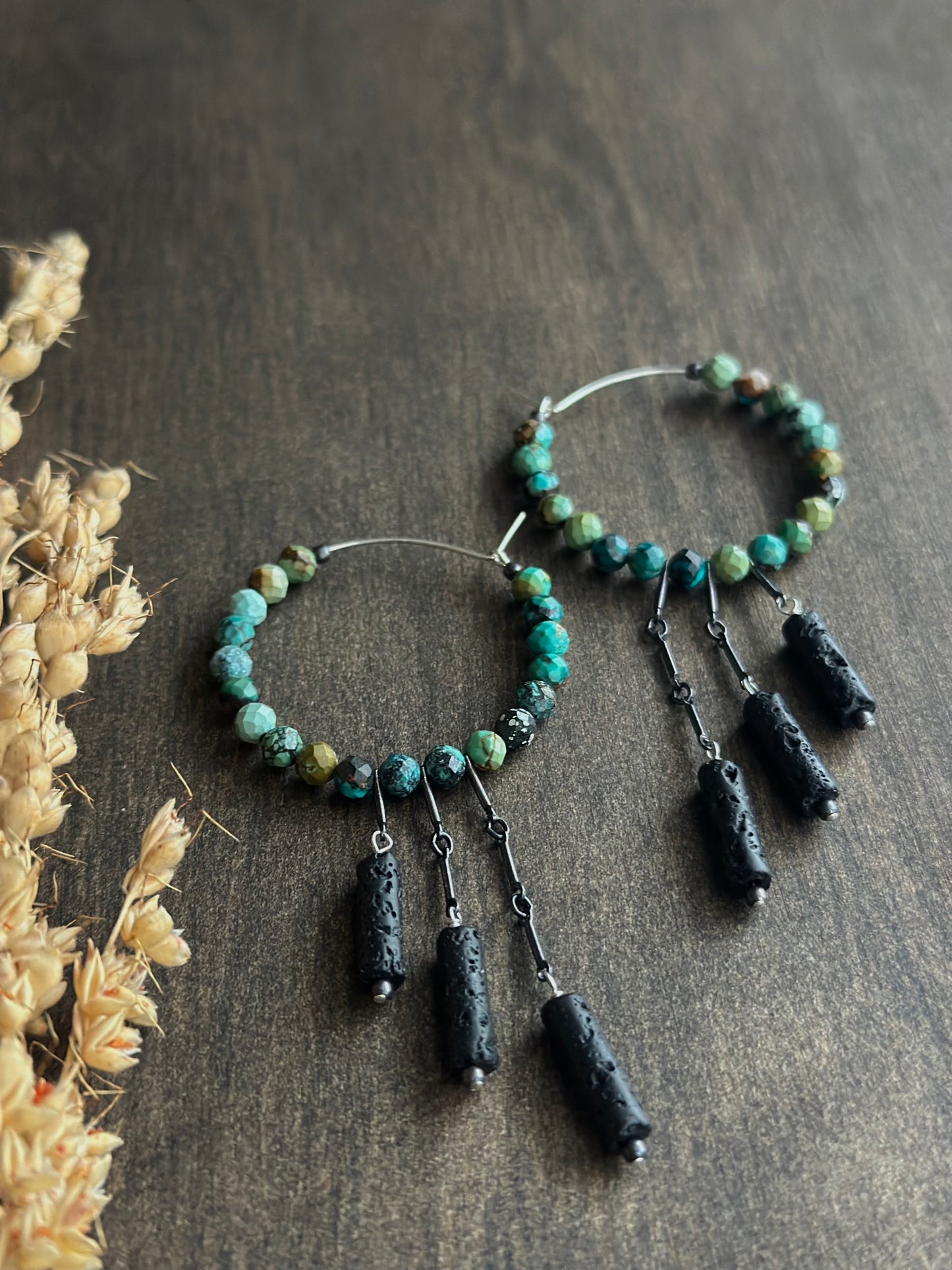 Dragon Skin Turquoise & Lava Stone Fringe Hoops