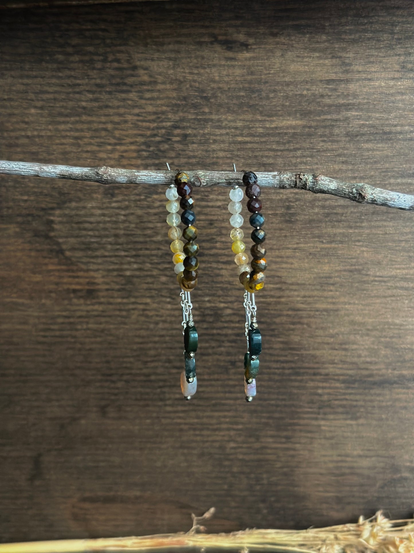 Pietersite and Indian Agate Leaf Fringe Hoops