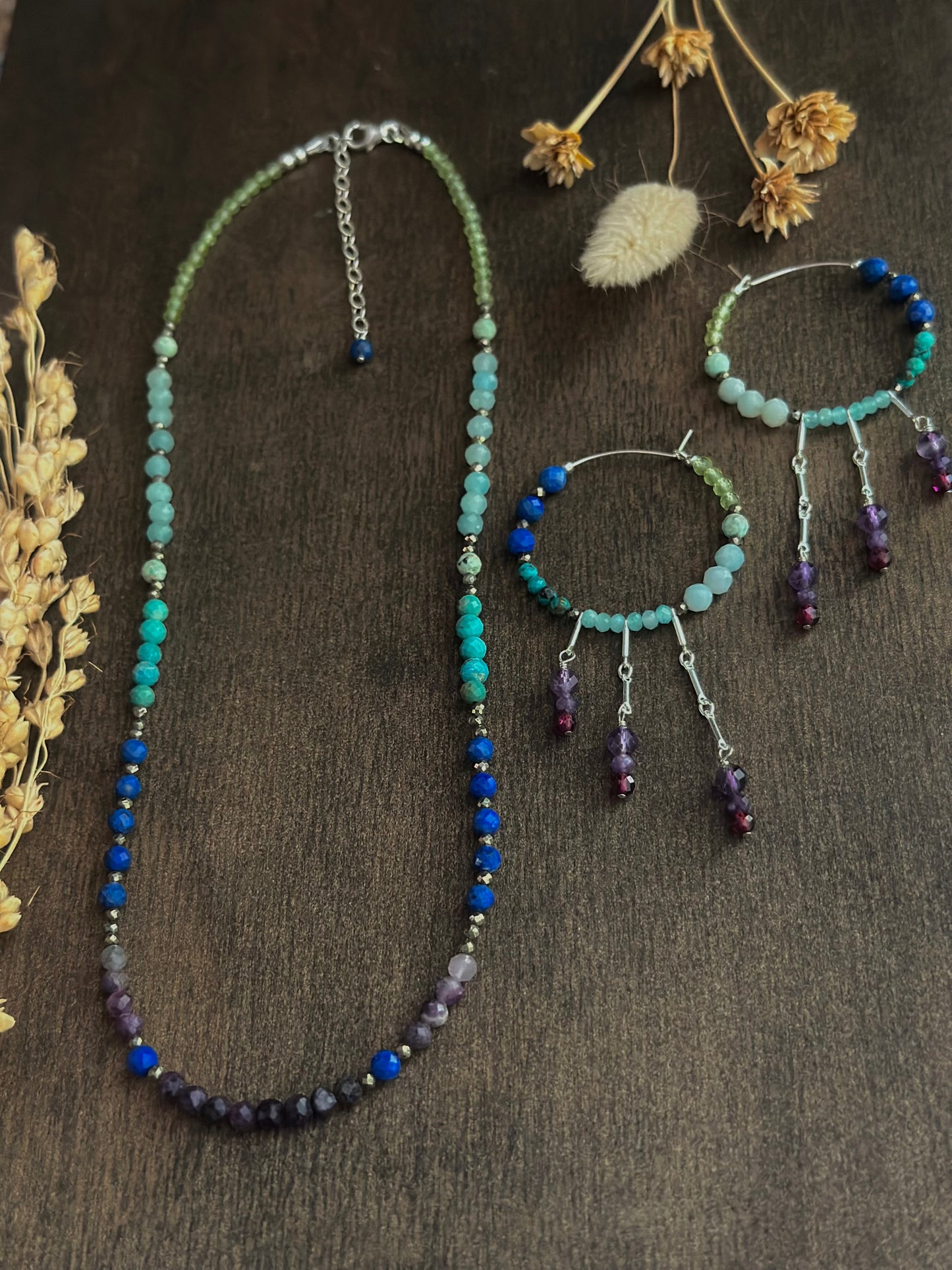 Mixed Gem Fringe Hoops (green/blue/purple)