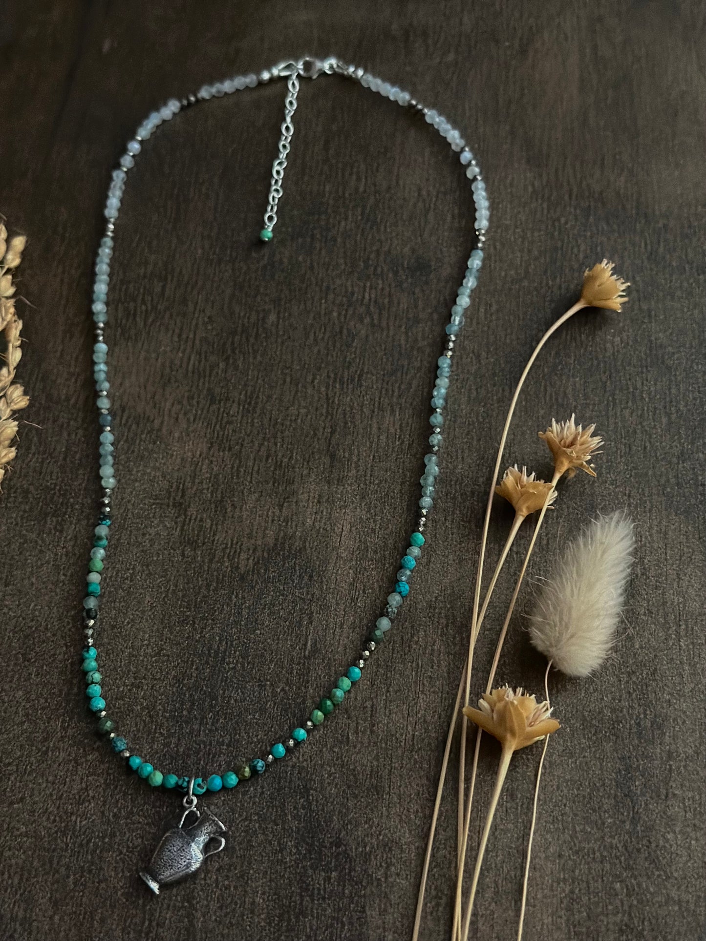 Turquoise, Kyanite, Moonstone & Pyrite ~ Amphora Bottle Necklace