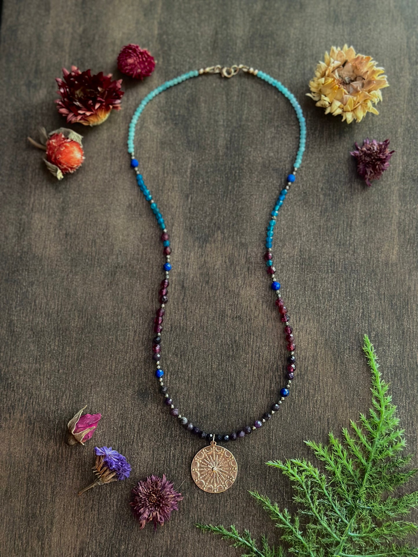 Purple Opal, Garnet, Lapis, Apatite, Amazonite & Pyrite Necklace