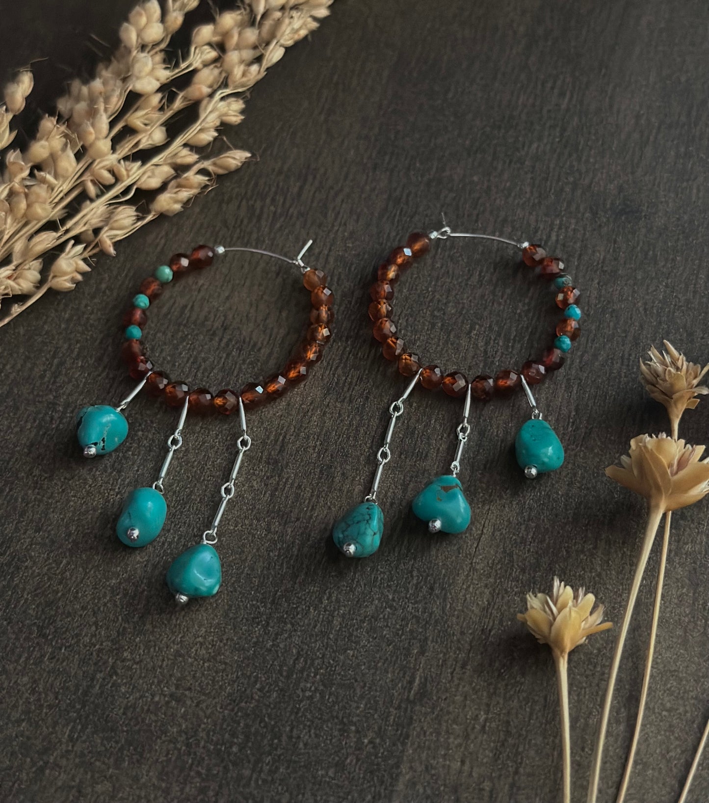 Hessonite Garnet & Turquoise Fringe Hoops