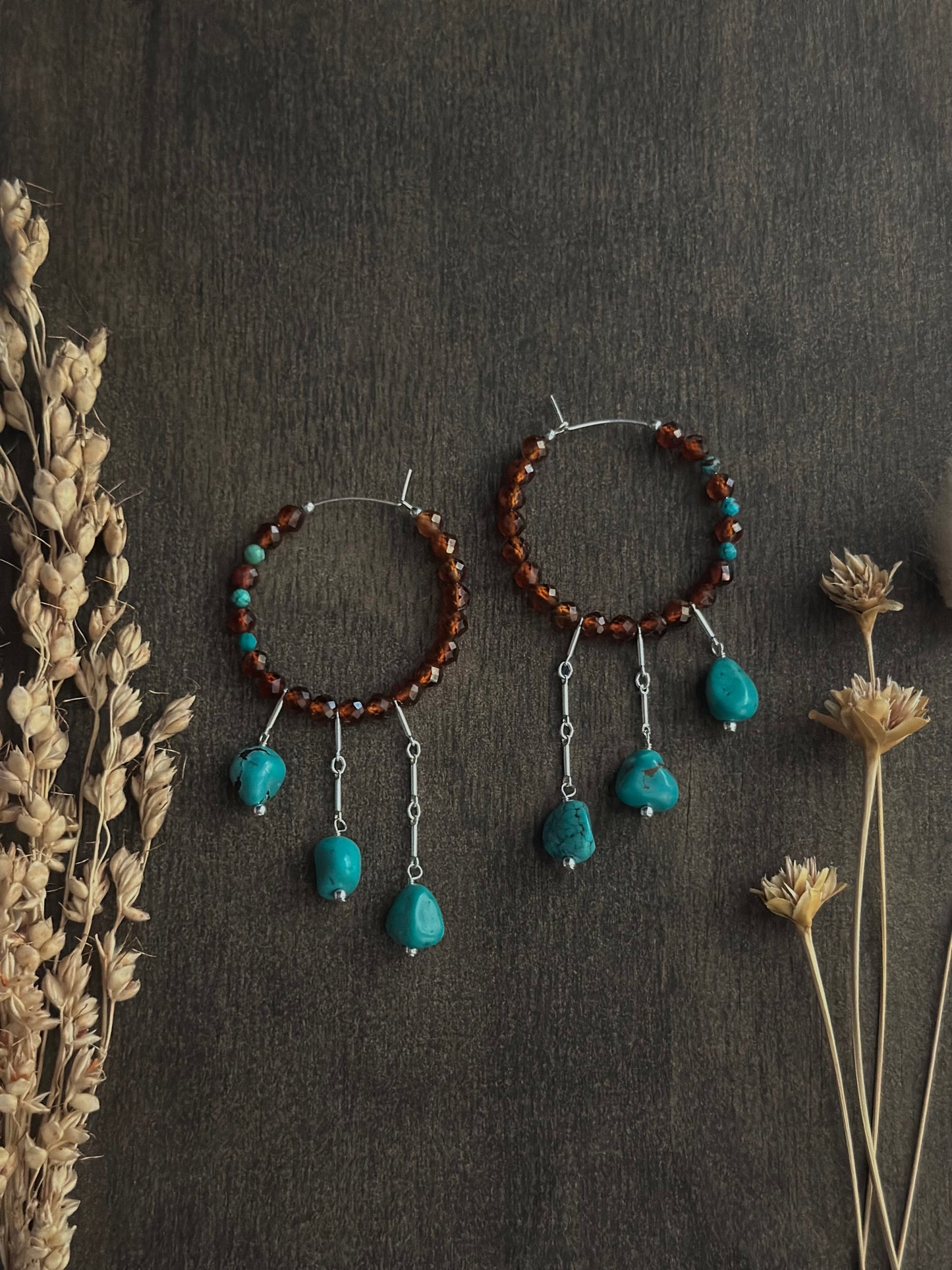 Hessonite Garnet & Turquoise Fringe Hoops