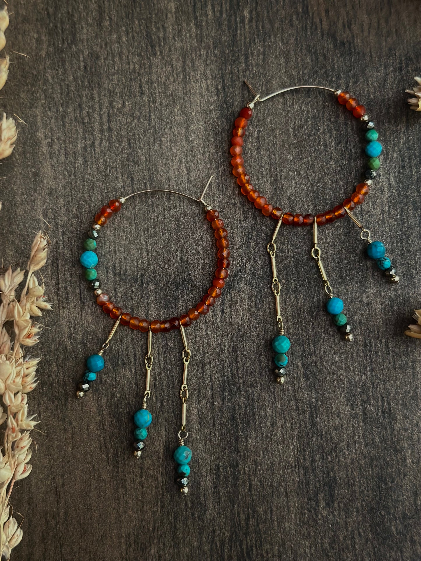 Botswana Agate I Pyrite I Turquoise Fringe Hoops