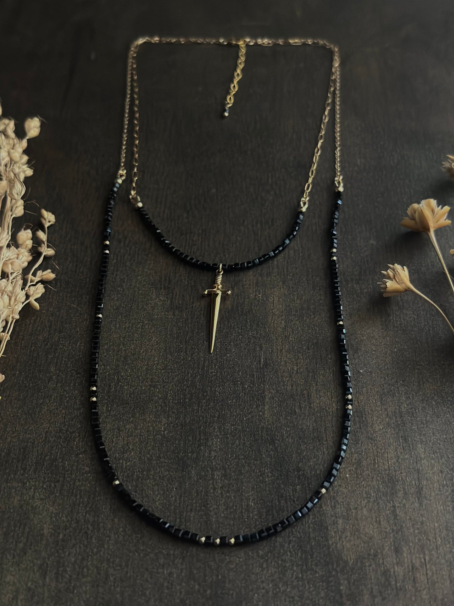 Black Spinel & Dagger Double Layer Necklace