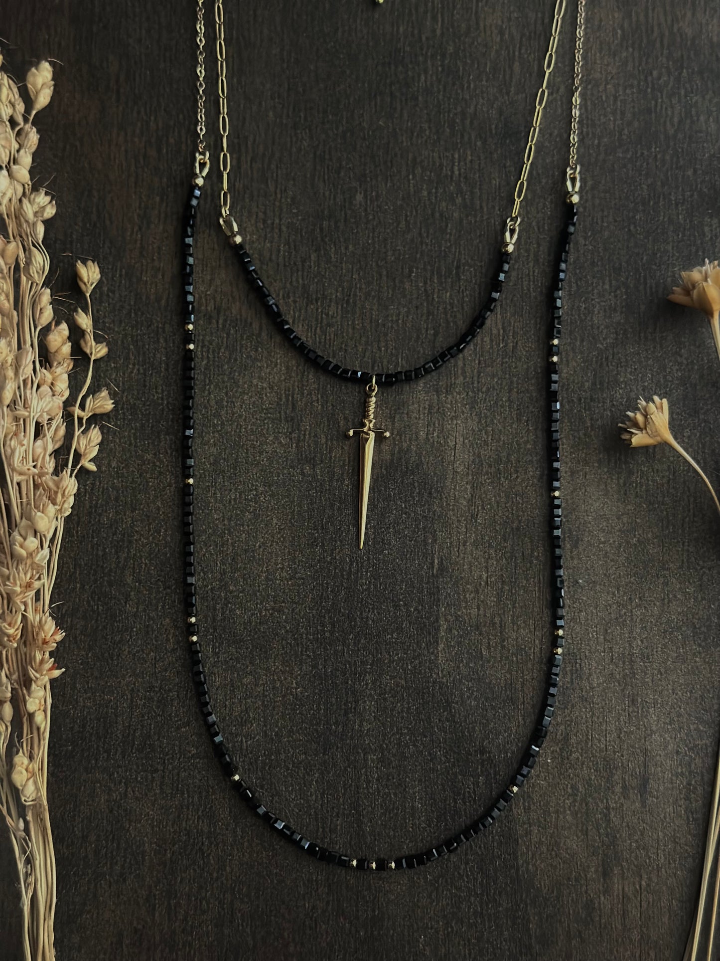 Black Spinel & Dagger Double Layer Necklace