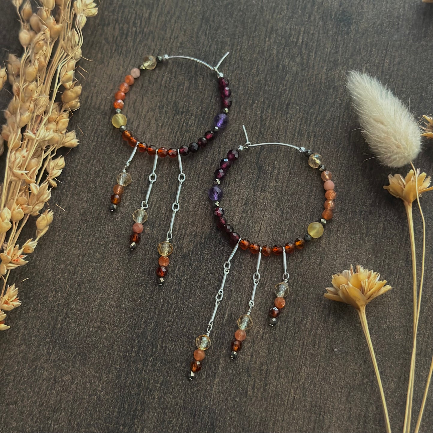 Mixed Gem Fringe Hoops (red/orange/yellow)