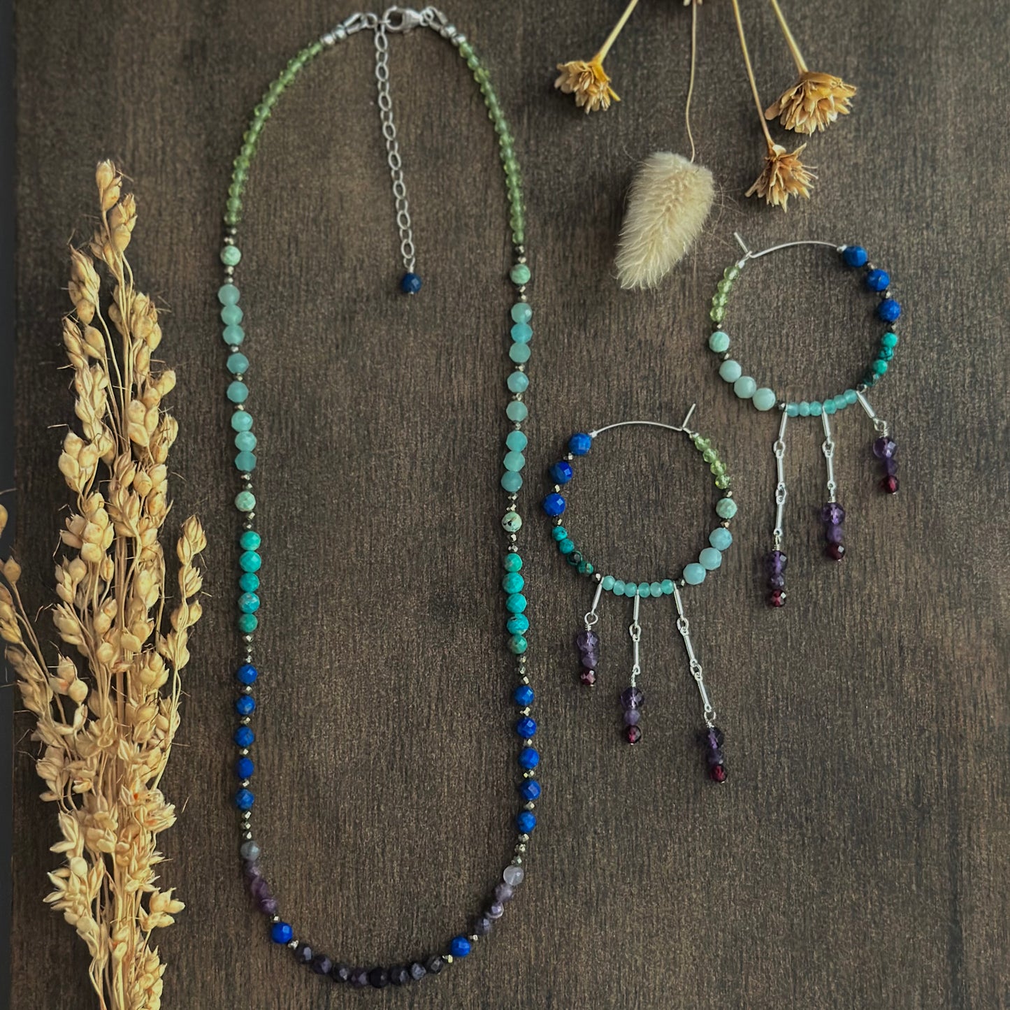 Mixed Gem Fringe Hoops (green/blue/purple)