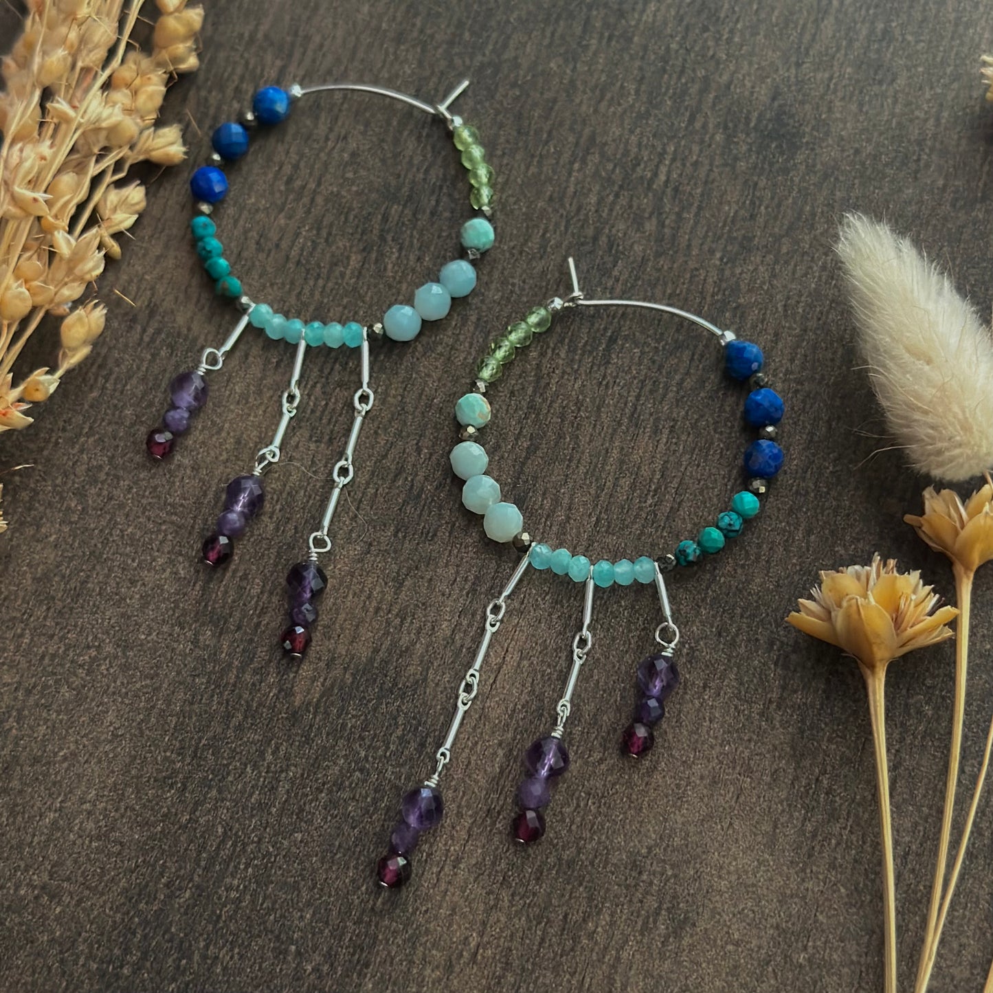 Mixed Gem Fringe Hoops (green/blue/purple)