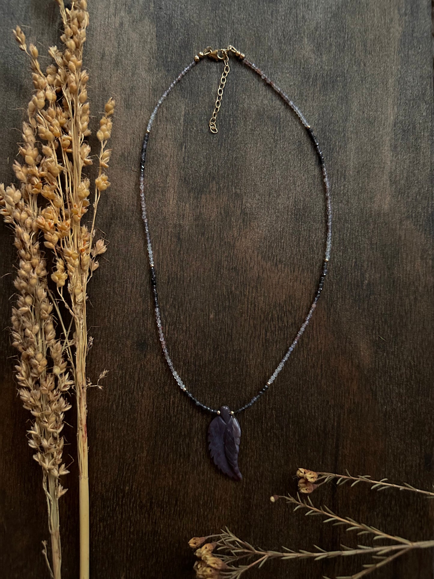 Indian Agate Leaf & Sunstone Iolite Necklace