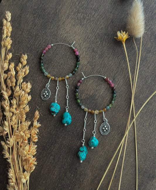 Tourmaline & Turquoise Fringe Hoops