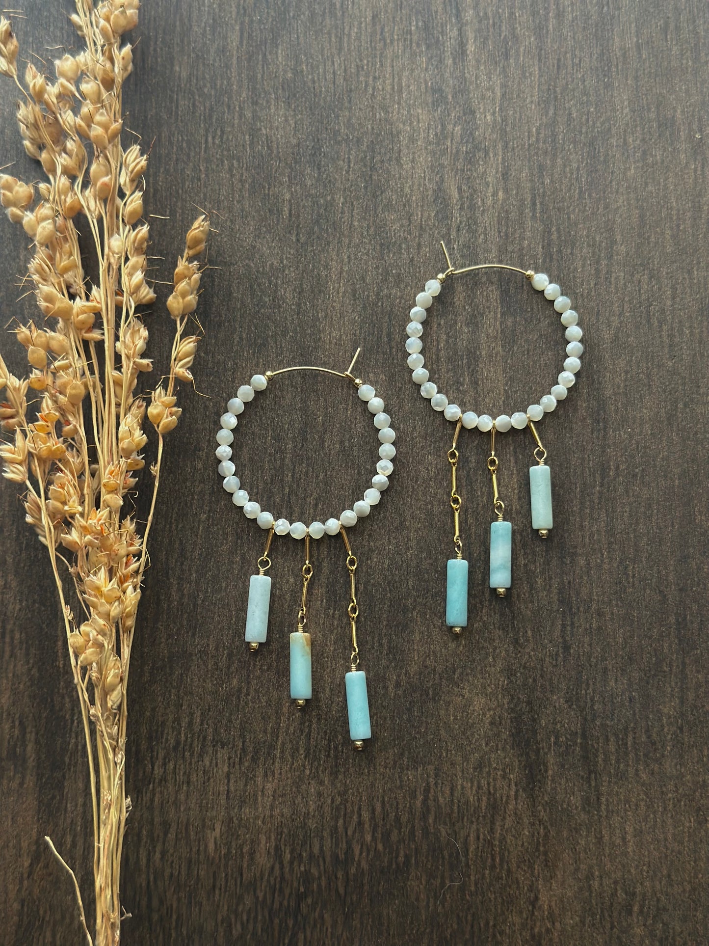 Mother of Pearl & Amazonite Fringe Hoops