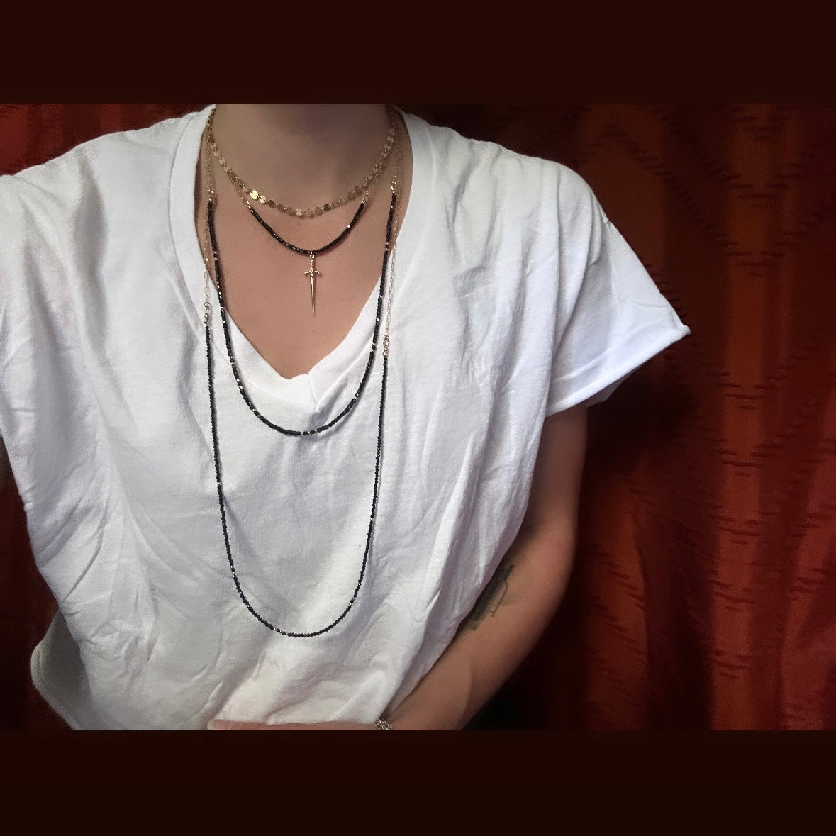 Black Spinel & Dagger Double Layer Necklace