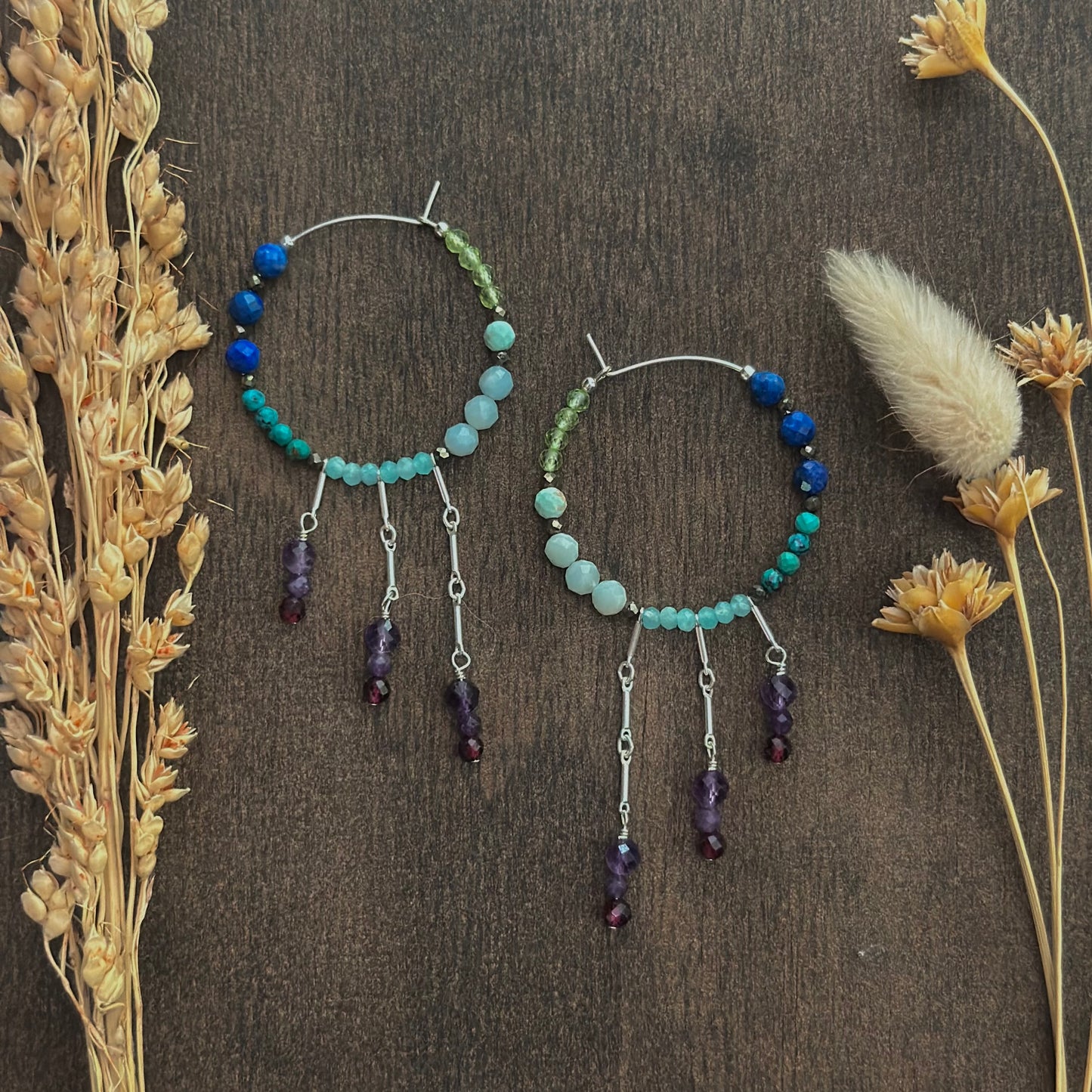 Mixed Gem Fringe Hoops (green/blue/purple)