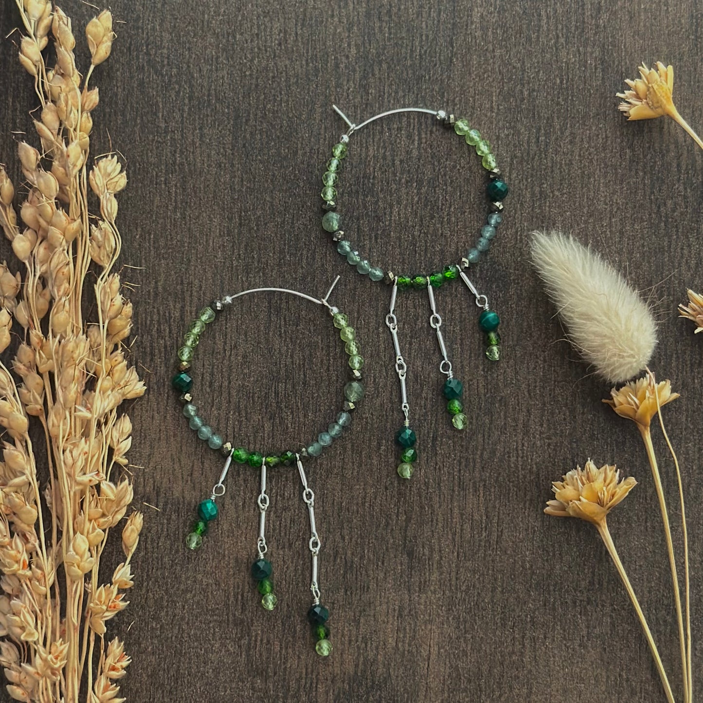 Mixed Gem Fringe Hoops (greens)