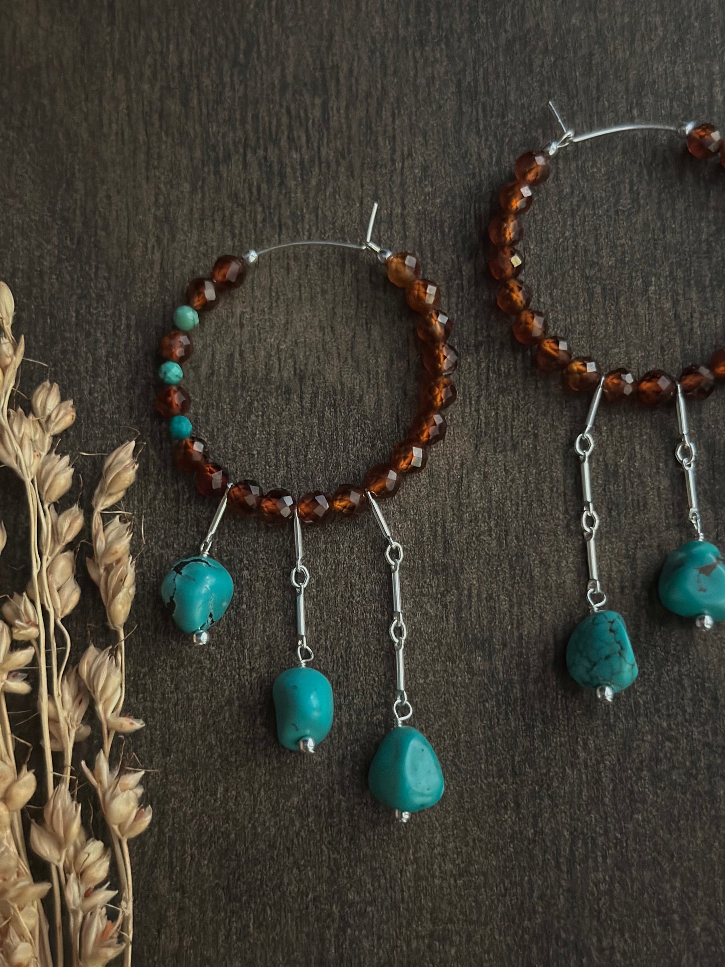 Hessonite Garnet & Turquoise Fringe Hoops