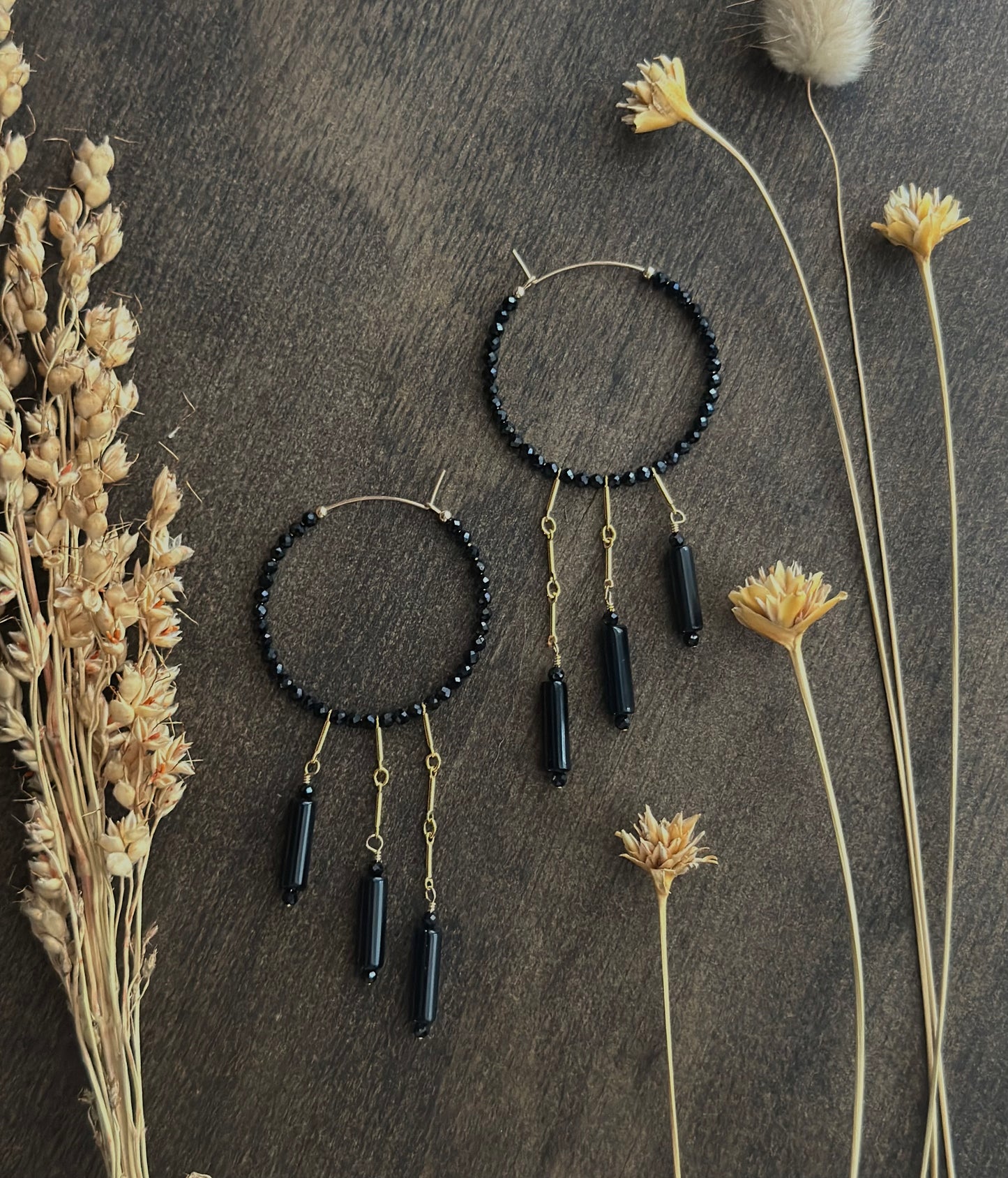 Black Spinel & Onyx Fringe Hoops