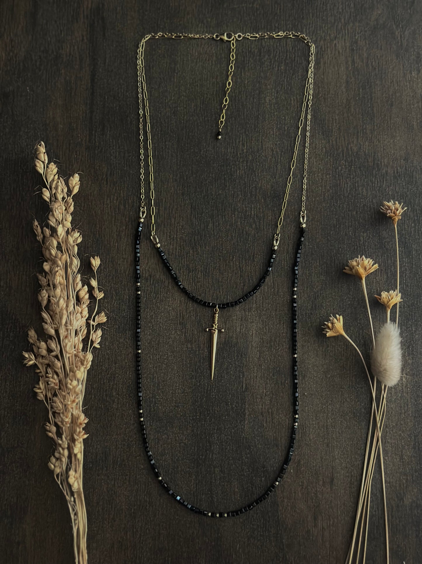Black Spinel & Dagger Double Layer Necklace