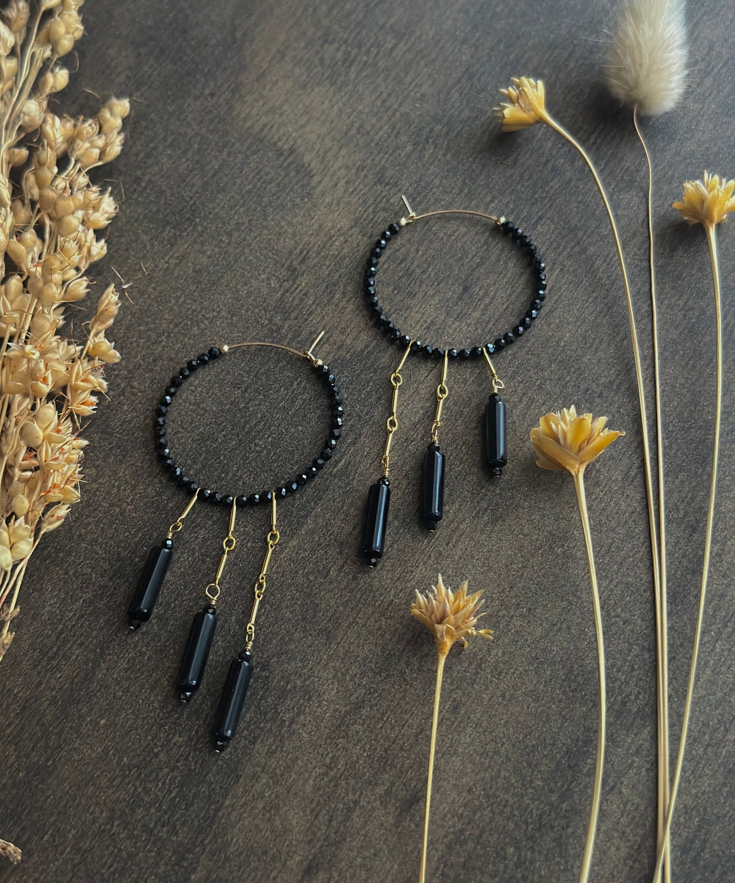 Black Spinel & Onyx Fringe Hoops