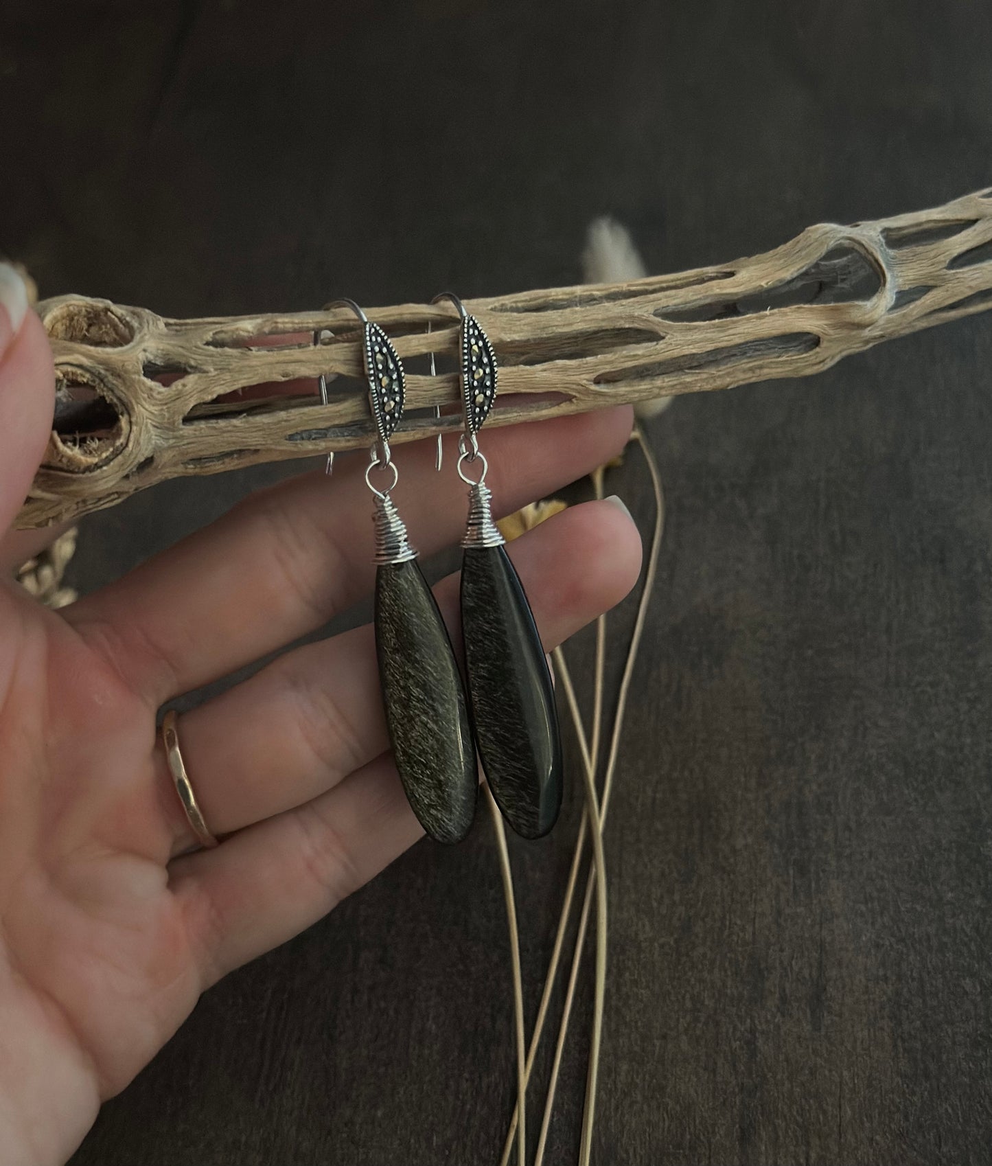 Golden Obsidian & Marcasite Earrings