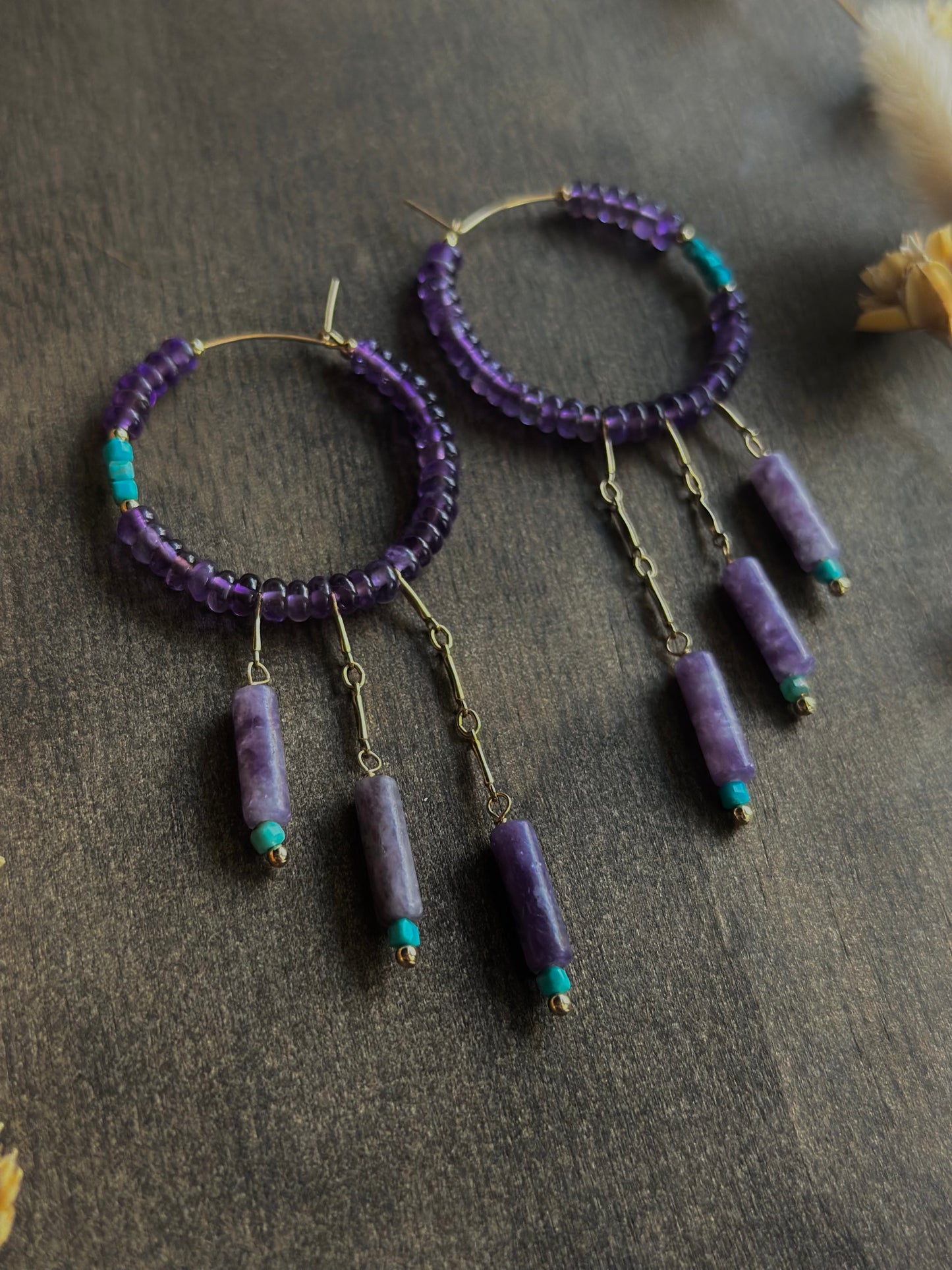 Amethyst & Turquoise Fringe Hoops