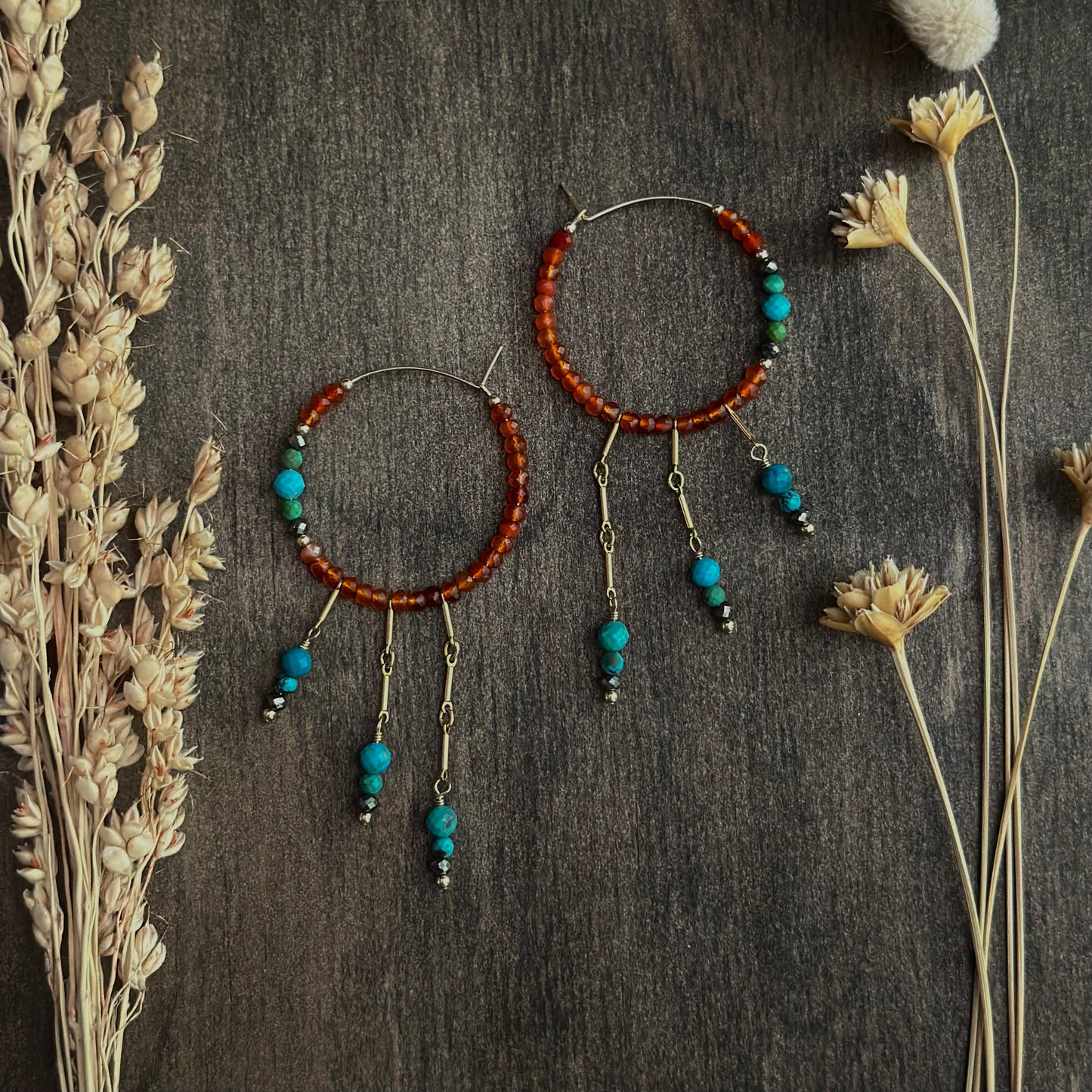 Botswana Agate I Pyrite I Turquoise Fringe Hoops