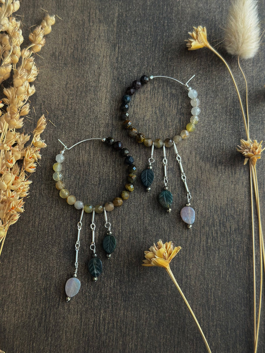 Pietersite and Indian Agate Leaf Fringe Hoops