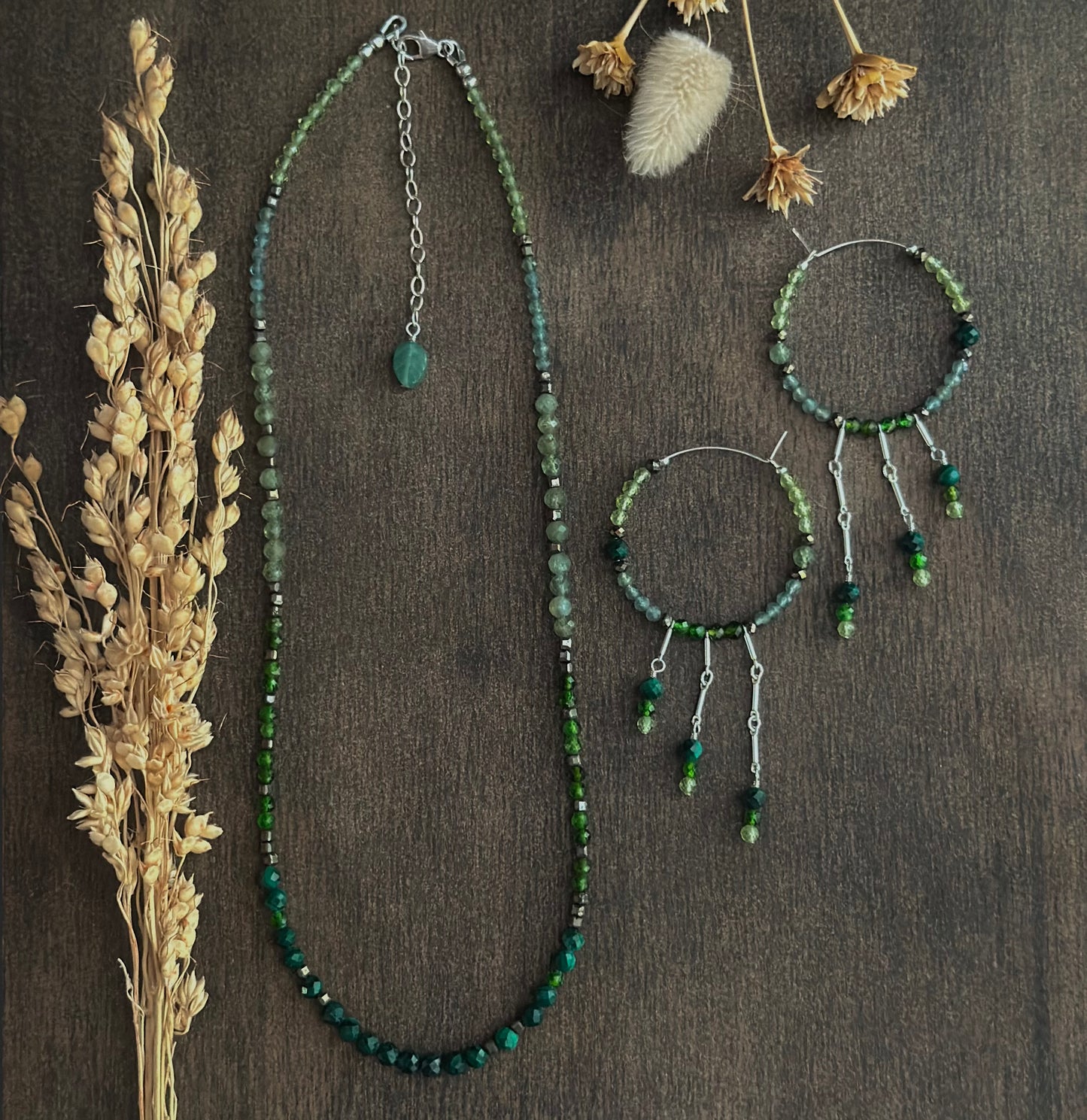 Mixed Gem Fringe Hoops (greens)