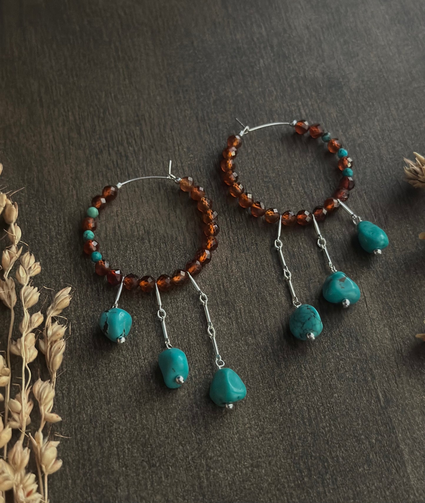 Hessonite Garnet & Turquoise Fringe Hoops