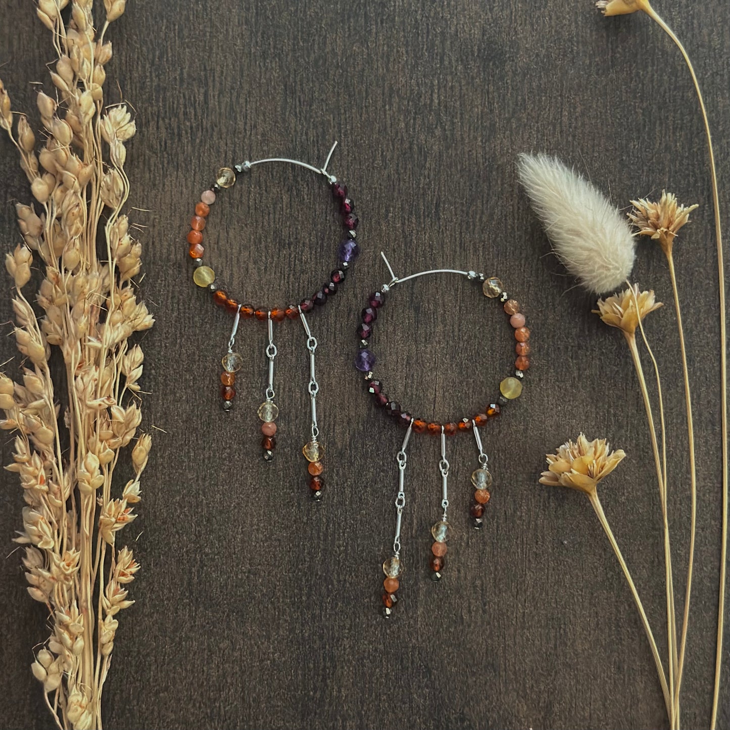 Mixed Gem Fringe Hoops (red/orange/yellow)