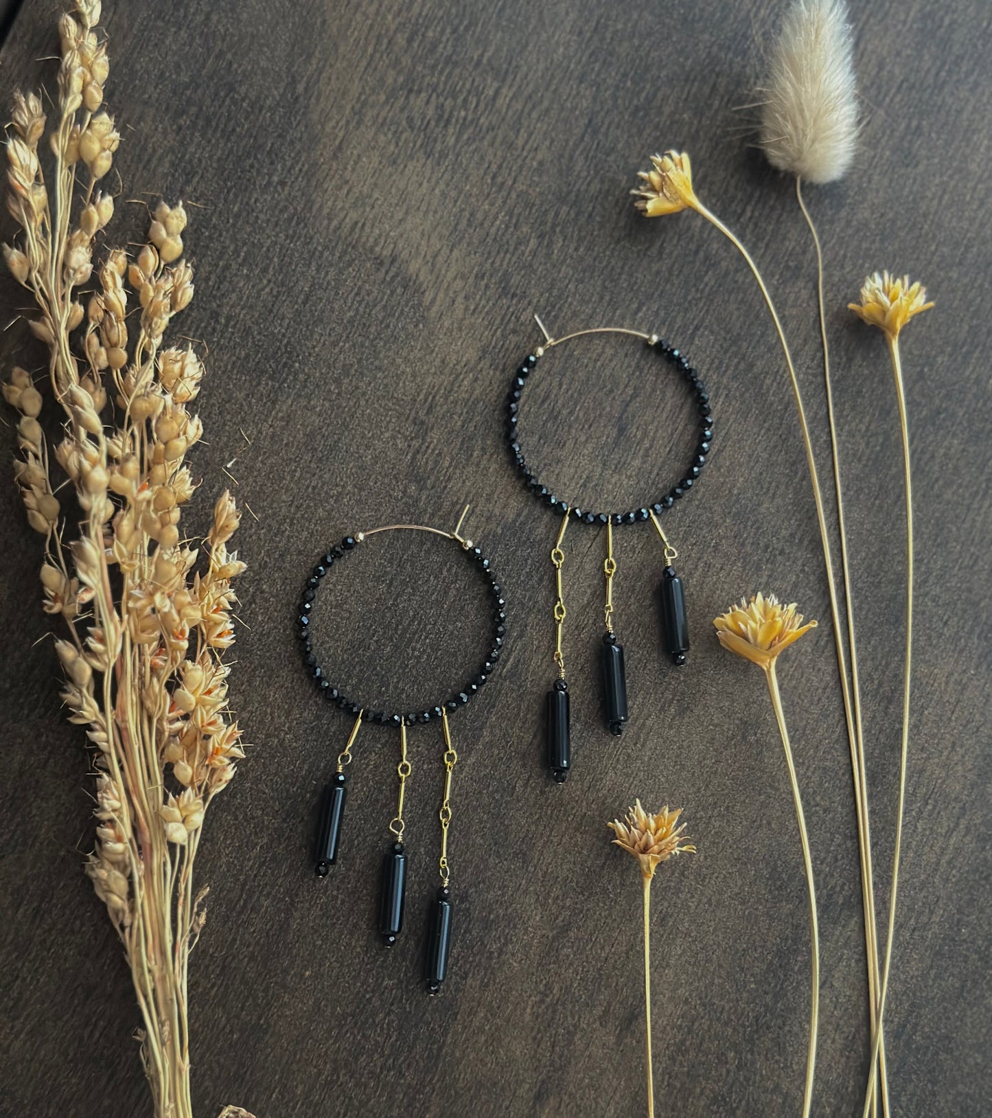 Black Spinel & Onyx Fringe Hoops