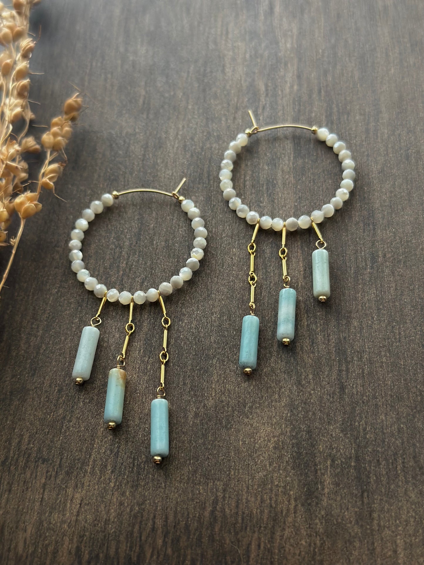 Mother of Pearl & Amazonite Fringe Hoops