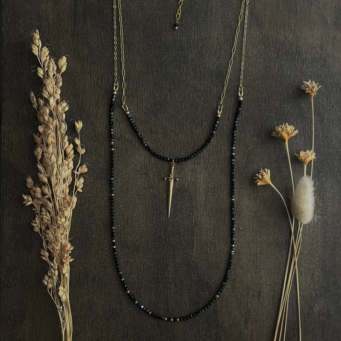 Black Spinel & Dagger Double Layer Necklace