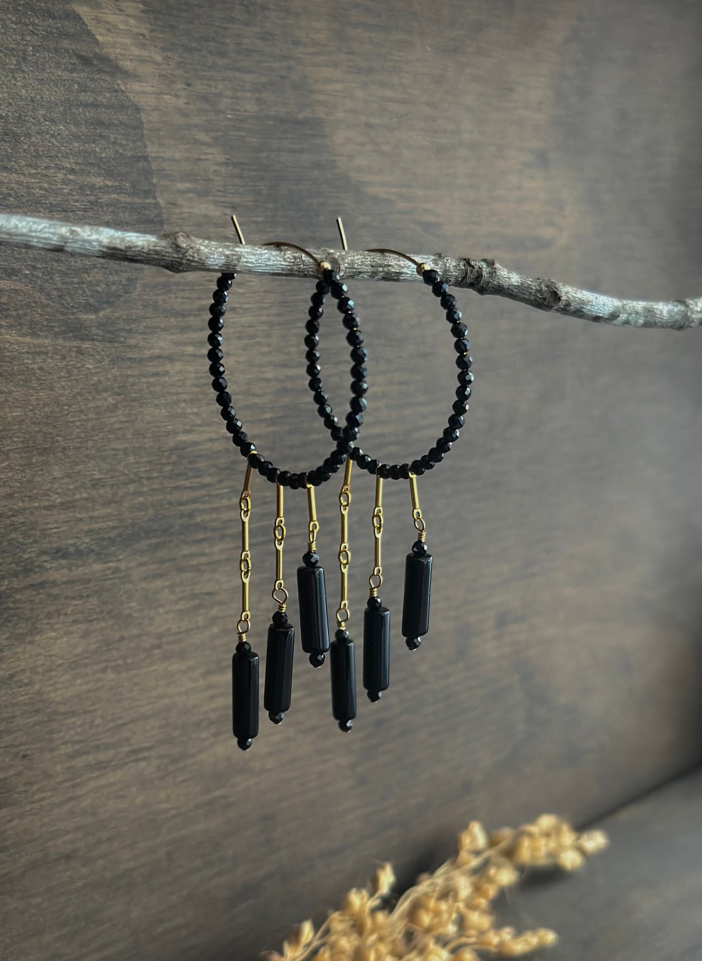 Black Spinel & Onyx Fringe Hoops