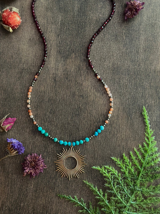 Turquoise, Sunstone, Garnet & Pyrite Necklace