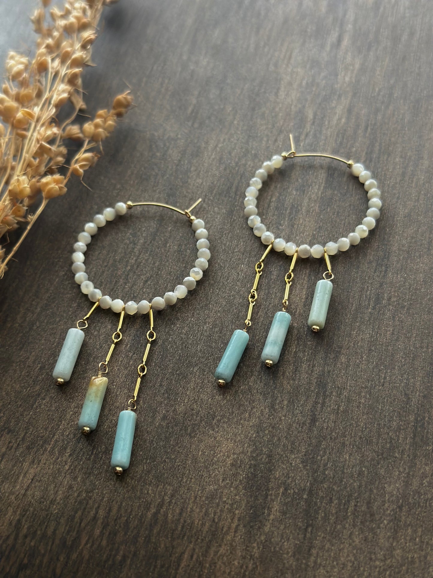 Mother of Pearl & Amazonite Fringe Hoops