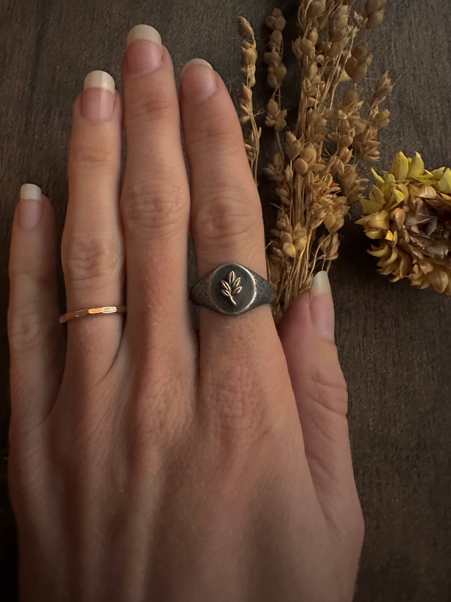 Yellow Gold Leaf Signet Ring - Size 6