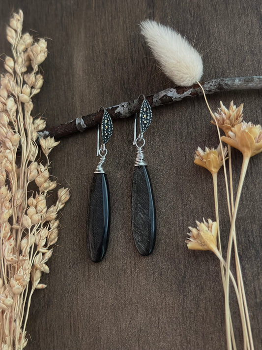 Golden Obsidian & Marcasite Earrings