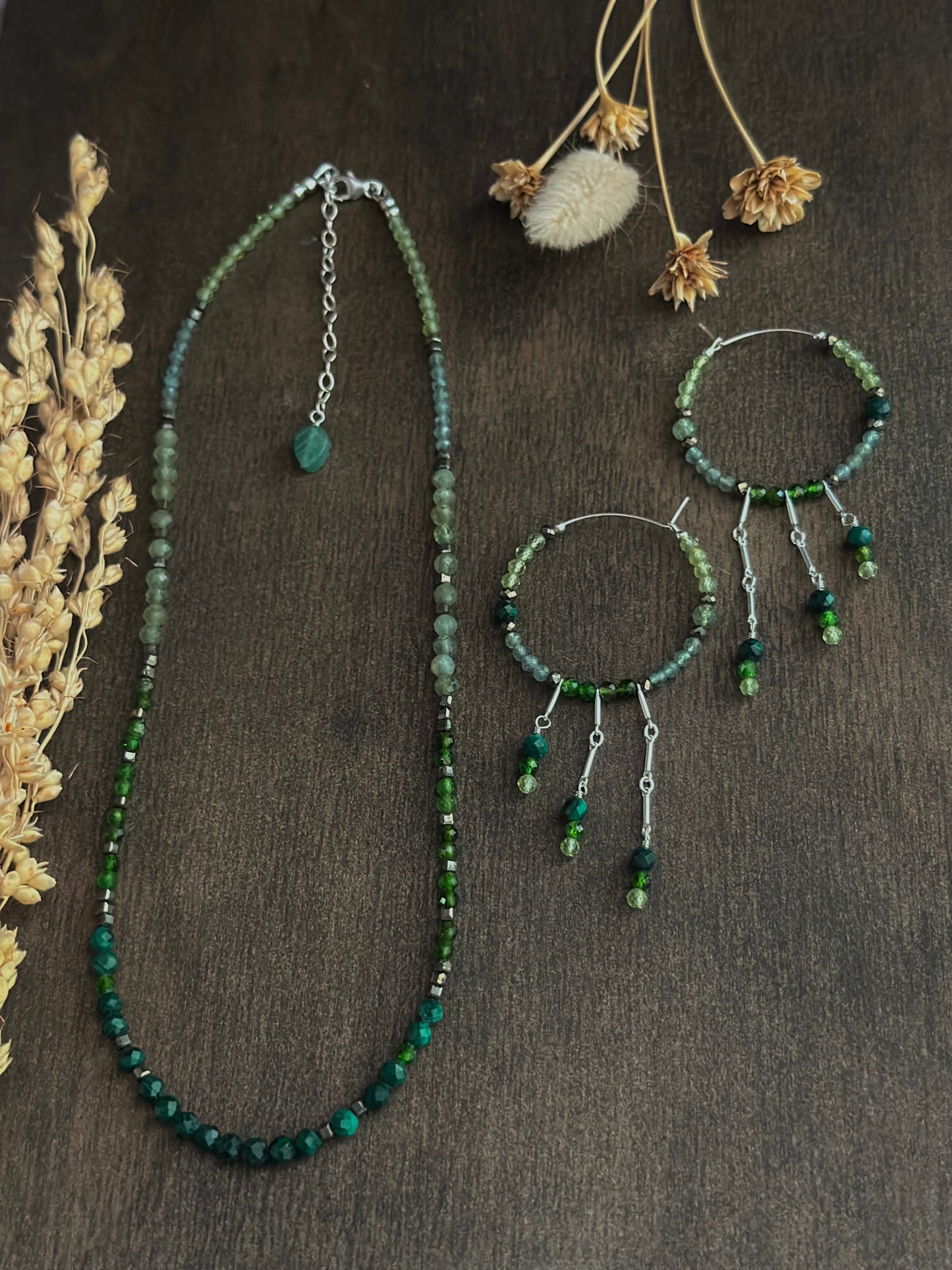 Mixed Gem Fringe Hoops (greens)