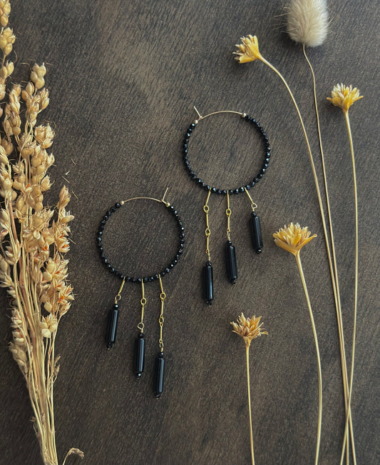 Black Spinel & Onyx Fringe Hoops