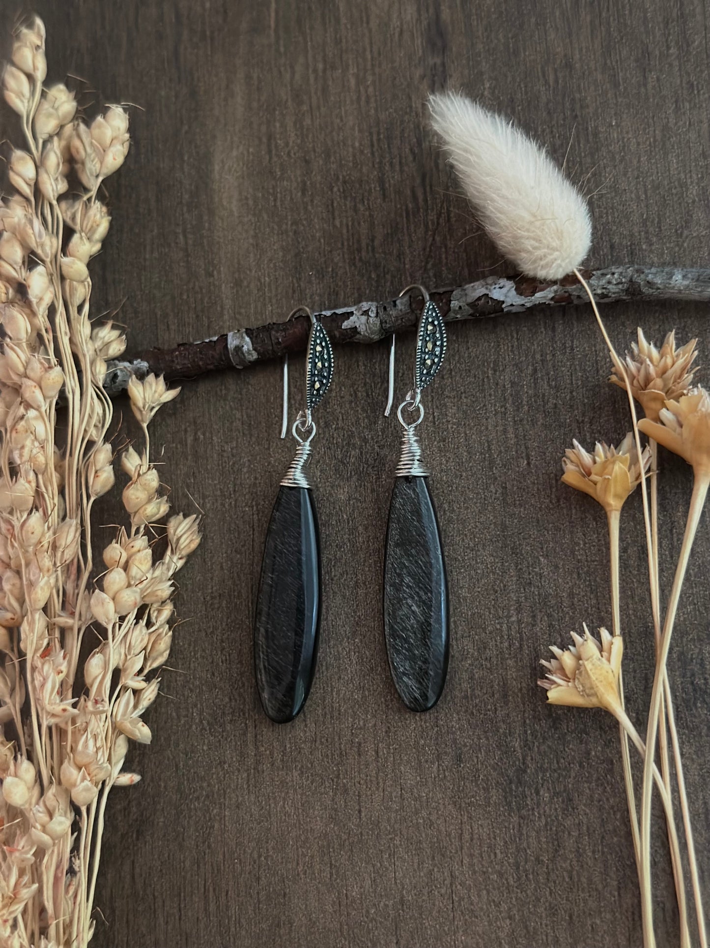 Golden Obsidian & Marcasite Earrings