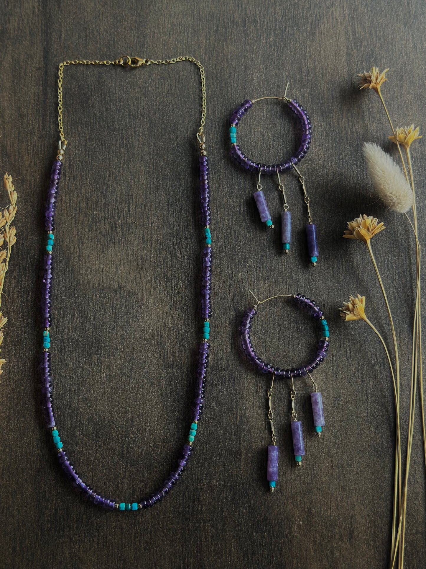 Amethyst & Turquoise Fringe Hoops