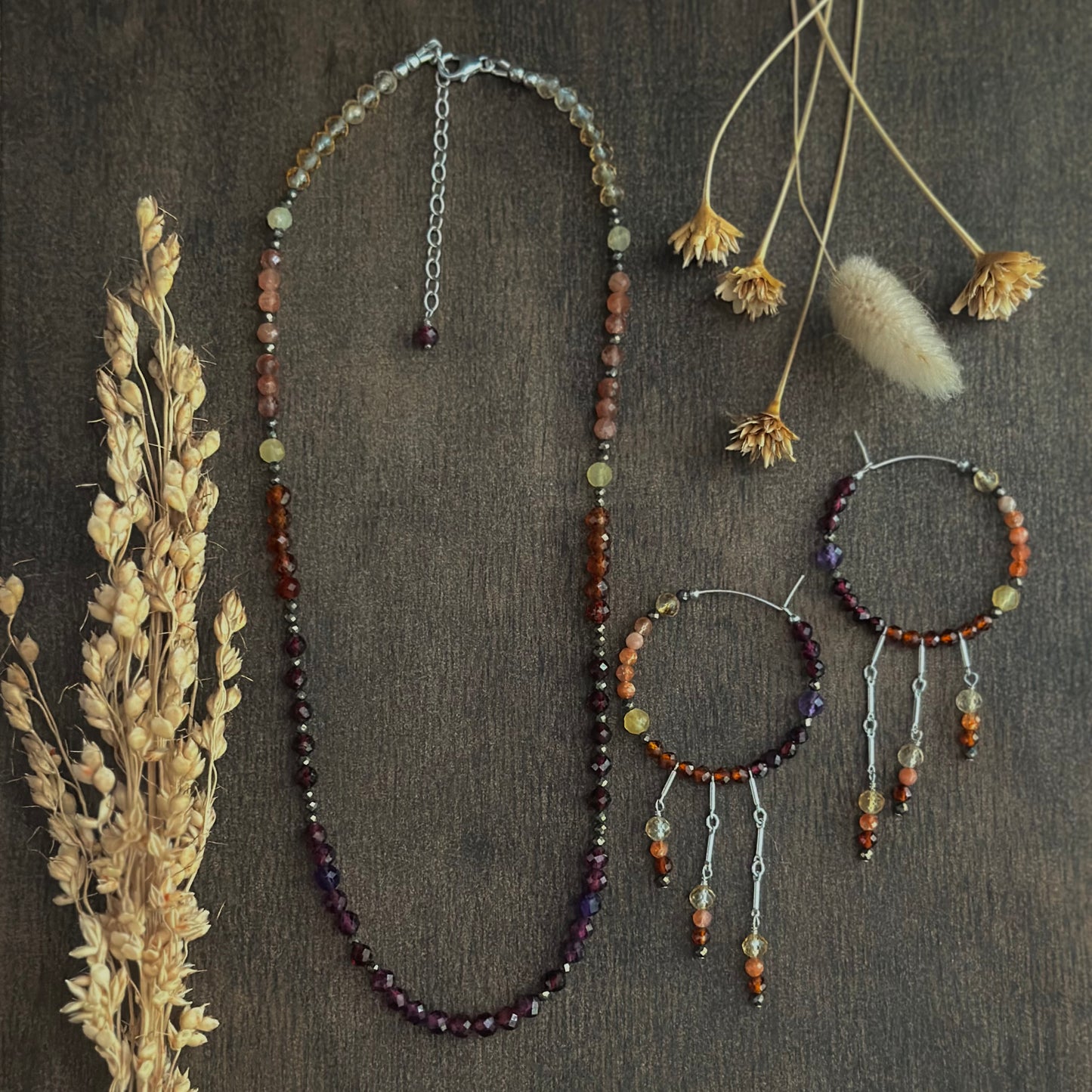 Mixed Gem Fringe Hoops (red/orange/yellow)