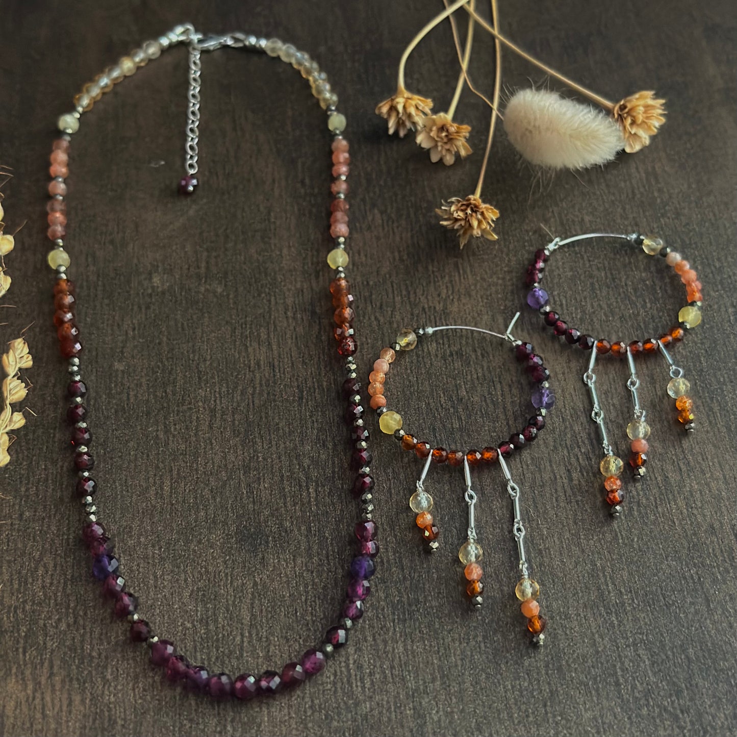 Mixed Gem Fringe Hoops (red/orange/yellow)