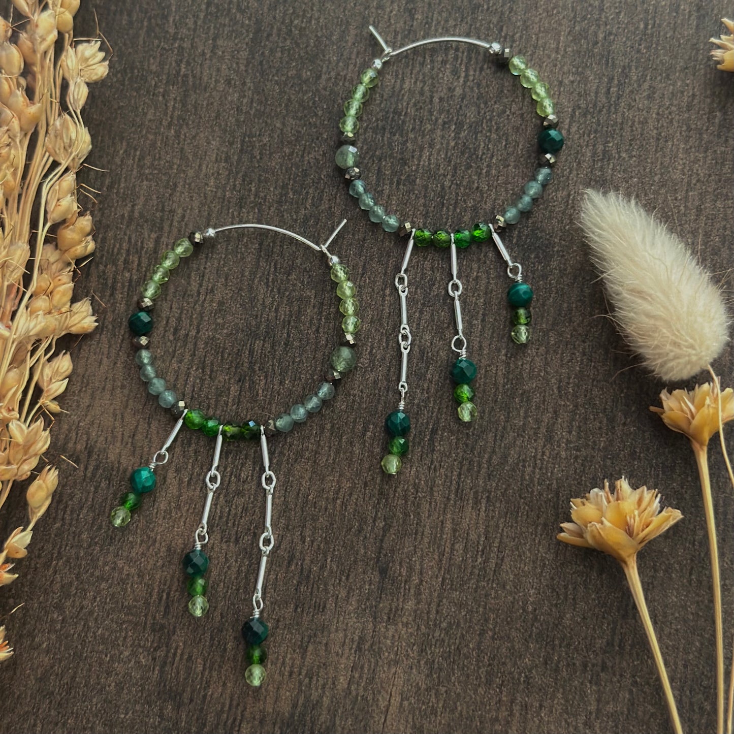 Mixed Gem Fringe Hoops (greens)