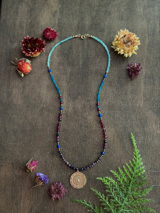 Purple Opal, Garnet, Lapis, Apatite, Amazonite & Pyrite Necklace