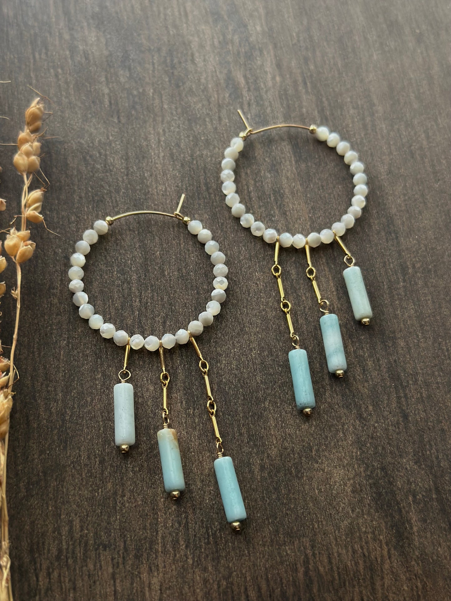 Mother of Pearl & Amazonite Fringe Hoops
