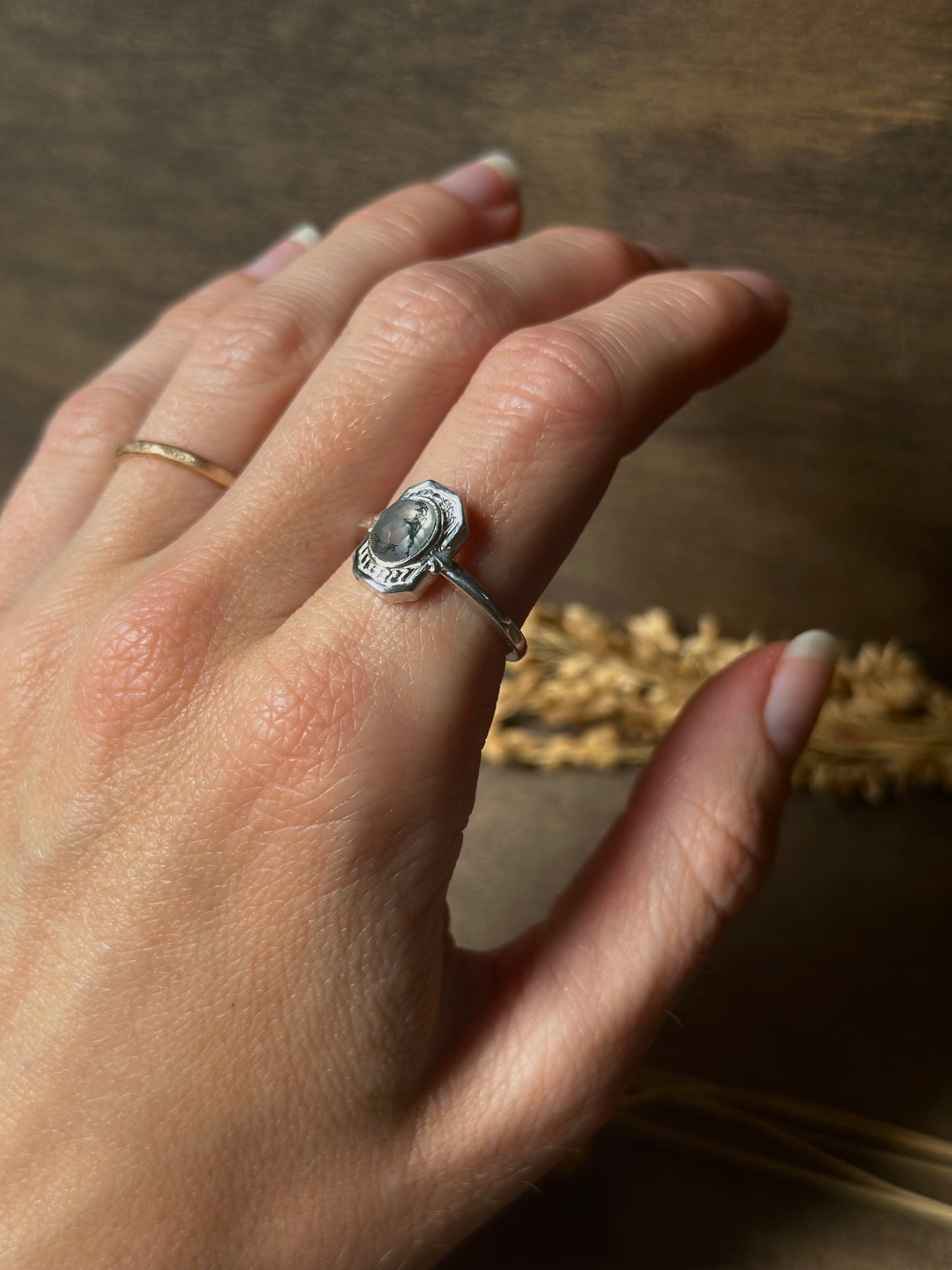 Moss Agate Oval Ring (size 7)