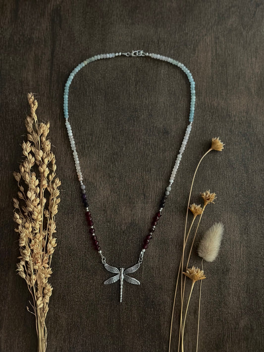 Garnet, Purple Opal, Morganite & Aquamarine ~ Dragonfly Necklace